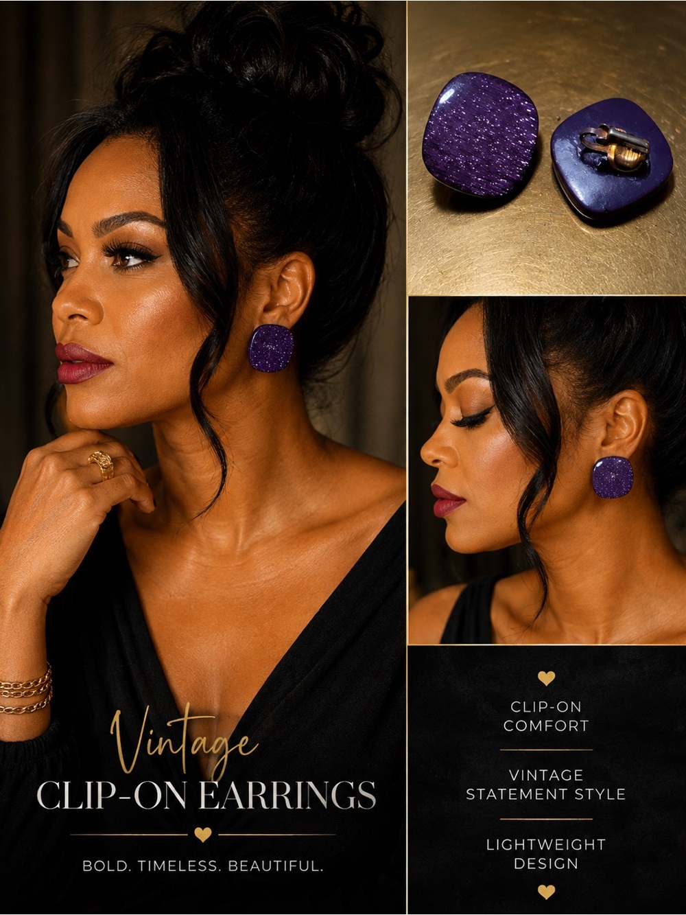 💜✨ Vintage Purple Glitter Clip-On Statement Earrings ✨💜